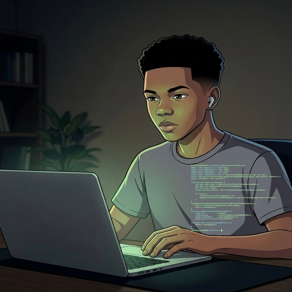 Caspr working on a laptop late at night, code on the screen